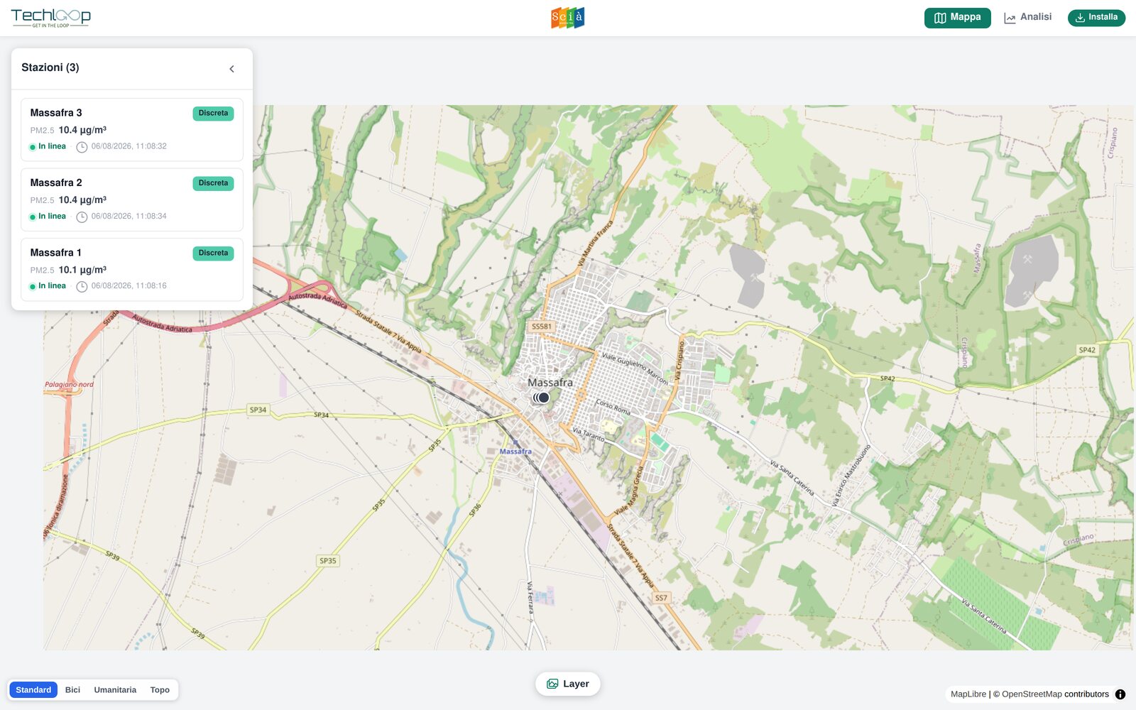 App Aria Scià — mappa delle stazioni di monitoraggio della qualità dell'aria a Massafra